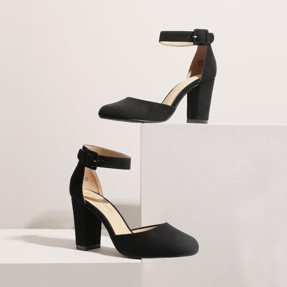 Dream Pairs Women Black Nubuck Faux Suede Block High Heel Closed Toe Sandal - Picture 9 of 9